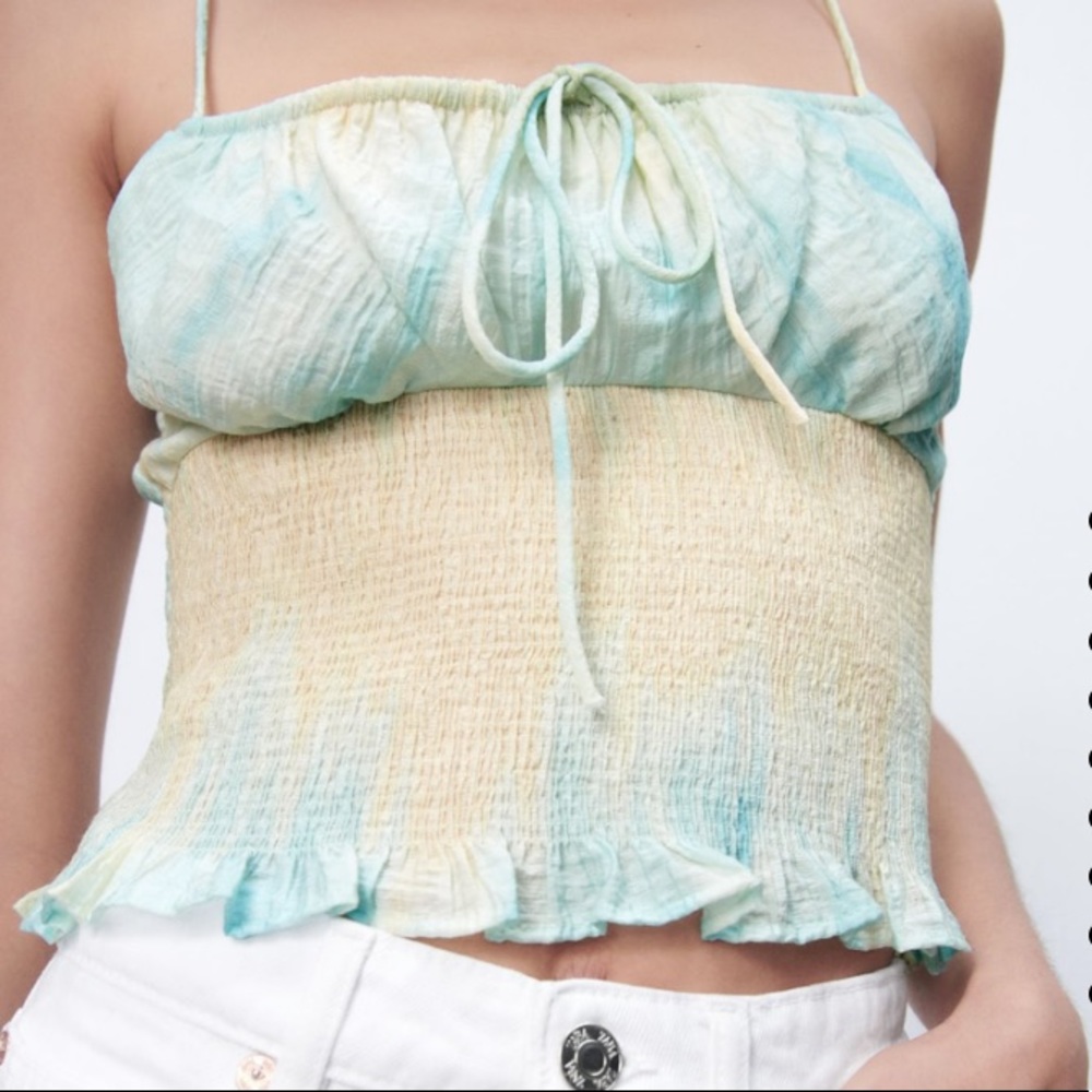zara tie dye print crop top smocked ruffle